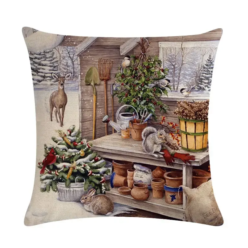 Christmas Xmas Cushion Cover Cartoon Horse Cat Dog Design Cotton Linen Pillowcase Decorative Sofa Couch Pillow Cover 45X45CM