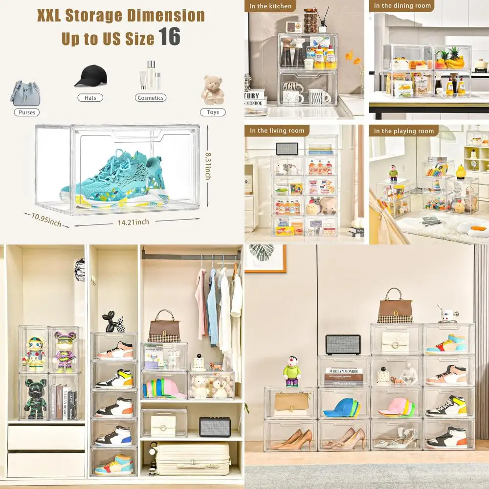 

Stackable Acrylic Shoe Organizer Boxes with Lids, Clear Transparent Storage Bins for Sneaker Display, Fits US Size 16
