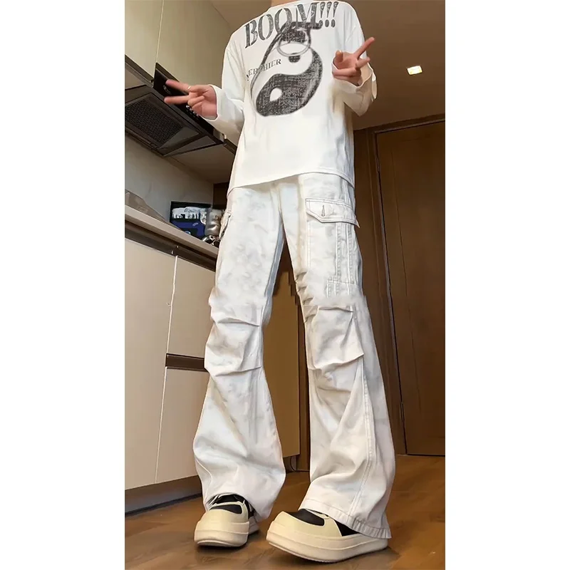 

White Pleated Dir Pants Men's Spring Autumn American Retro Straight Leg Workwear Loose Wide Leg Pants Cool Haome