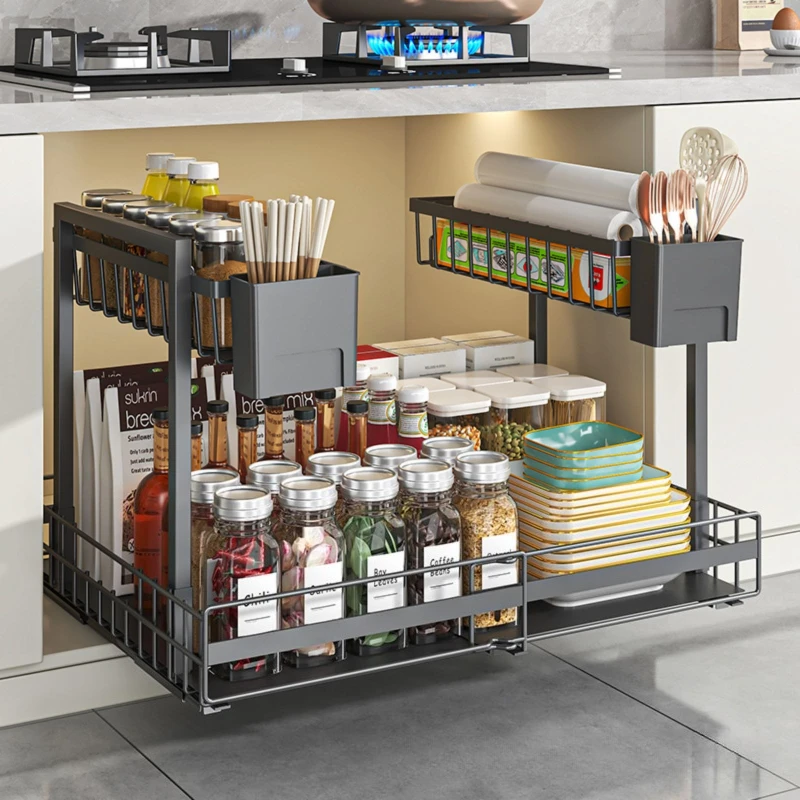 

Retractable kitchen sink rack double-layer cabinet seasoning basket multi-functional storage rack under the sink