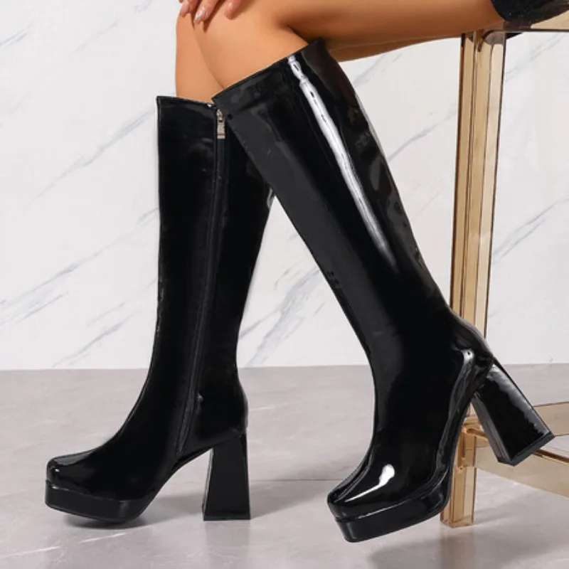 

Women's Winter High Boots Platform Sexy Black Red Punk Heeled Knee High Boot Female Long Party Shoes Ladies Autumn Winter