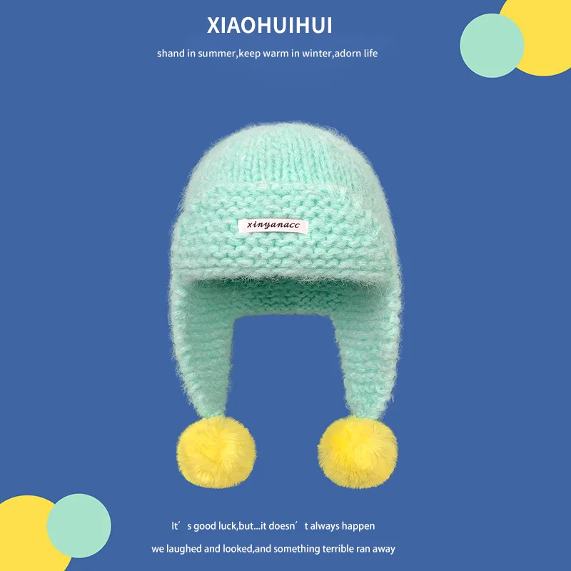 Topi Bomber Rajut Korea Sederhana dan Modis dengan Hiasan Bulu untuk Wanita, Menjaga Kepala Tetap Hangat di Musim Gugur dan Musim Dingin