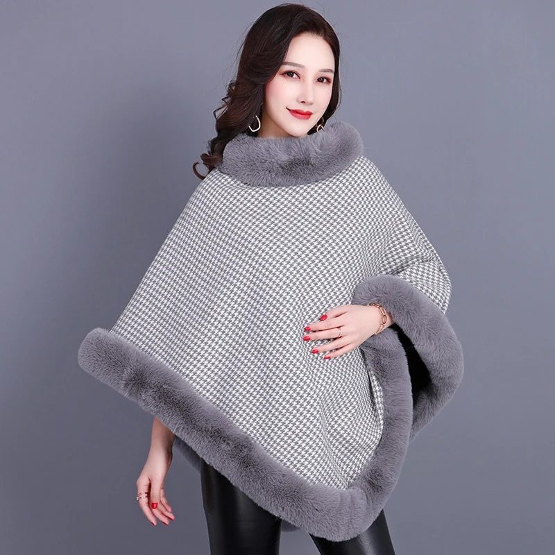 

Rex Rabbit Fur Shawl Scarf Women Capes Houndstooth Poncho 2023 Winter Faux Fur Coat Thick Warm Pullover Velvet Sleeveless Jacket