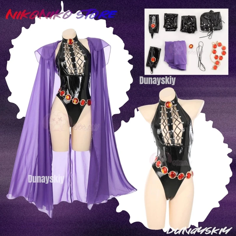 

Ведьма Банкет Косплей Фиолетовый костюм из искусственной кожи Полный комплект Хэллоуин Наряд Боди Кожаное боди с юбкой с капюшоном 2025 НОВИНКА