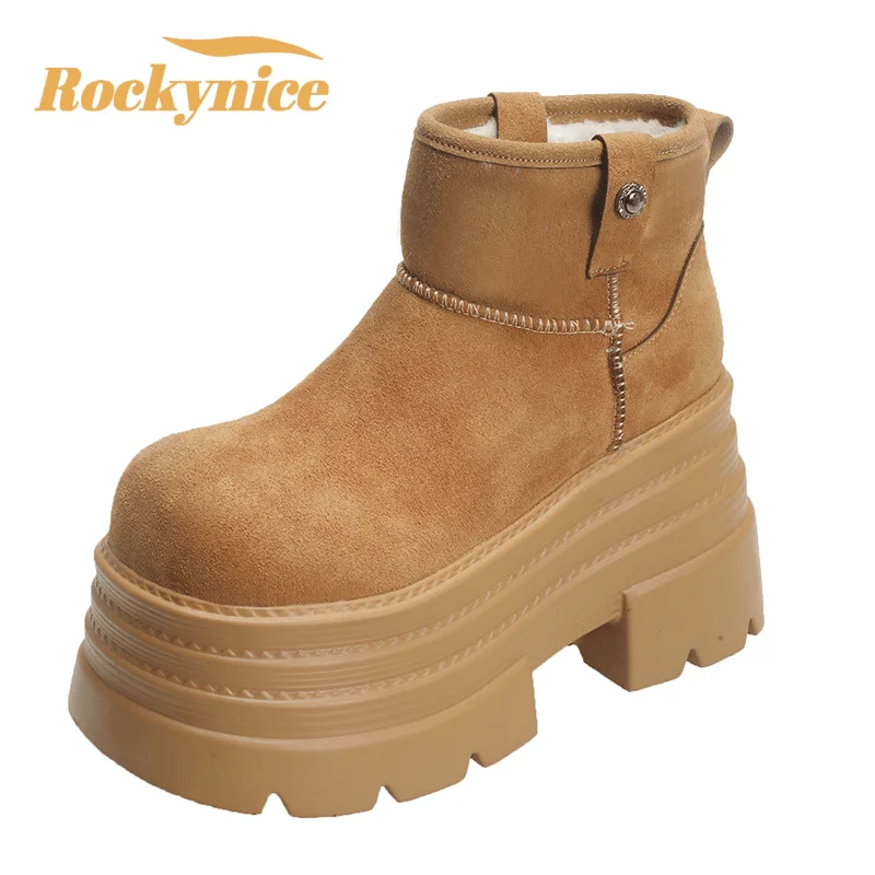 Women Snow Boots Non-slip Winter Warm Plush Short Boots Thick Fur High Platform Ankle Boots 10CM Suede Leather Chunky Sneakers