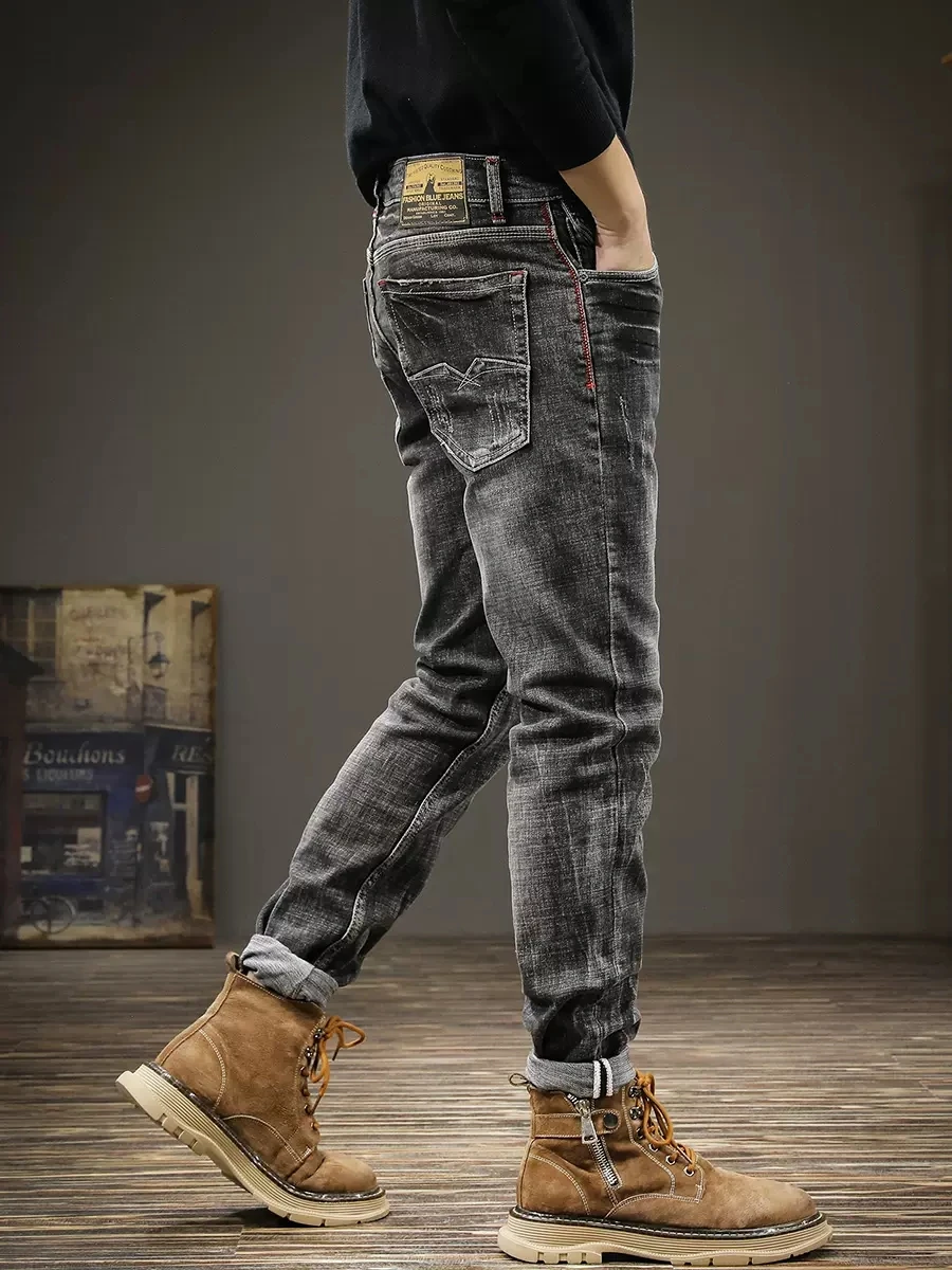 Italian Designer Fashion Men Jeans Retro Black Gray Stretch Slim Ripped Jeans Men Elastic Vintage Trousers Denim Pants Hombre