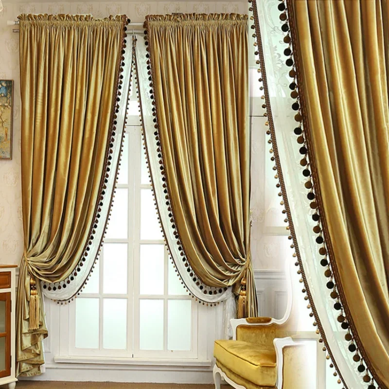 

European Luxury Gold Velvet Curtains for Living Dining Room Bedroom Retro Blackout Heat Insulation Tulle Valance Custom