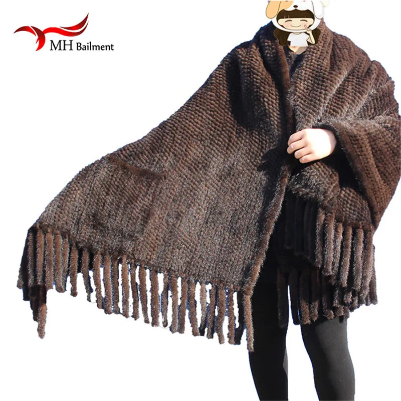 Elegant Real Knitted Mink Fur Shawl Scarf Womens Casual Poncho Knitted Mink Fur Black Scarves Scarf, Hat Glove Sets S#2