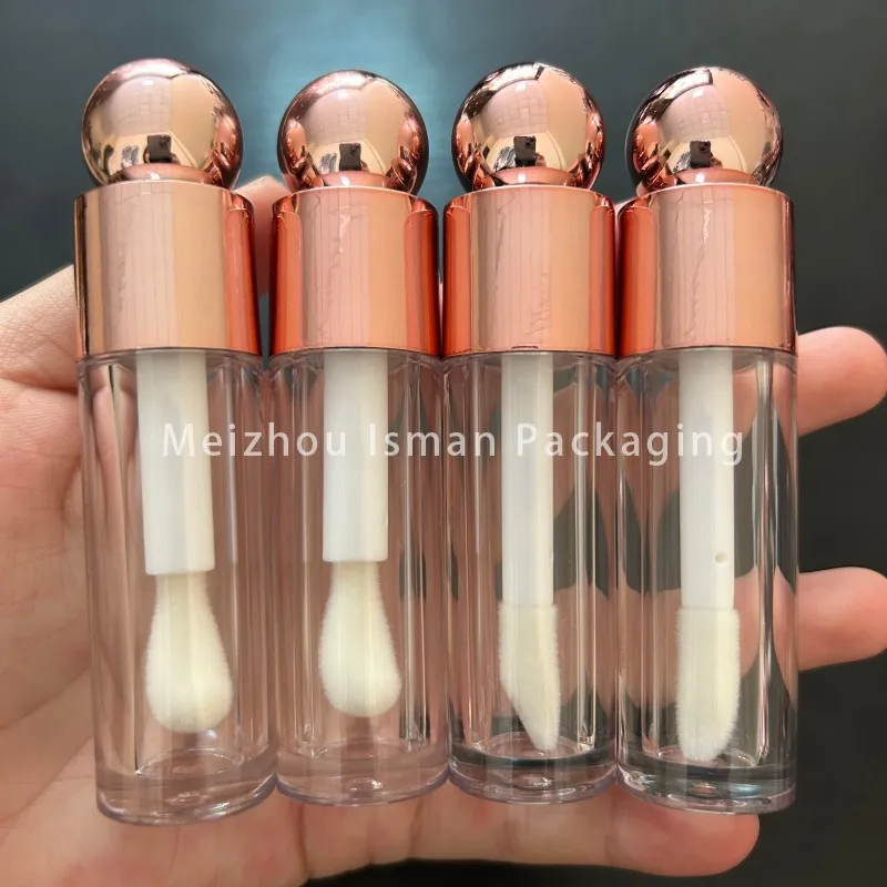 

50Pcs Hot Sale Empty Round Cute Ball Top Plastic Rose Gold Lip Oil Container Luxury Lip Gloss Tubes With Big Brush Wand 7ml