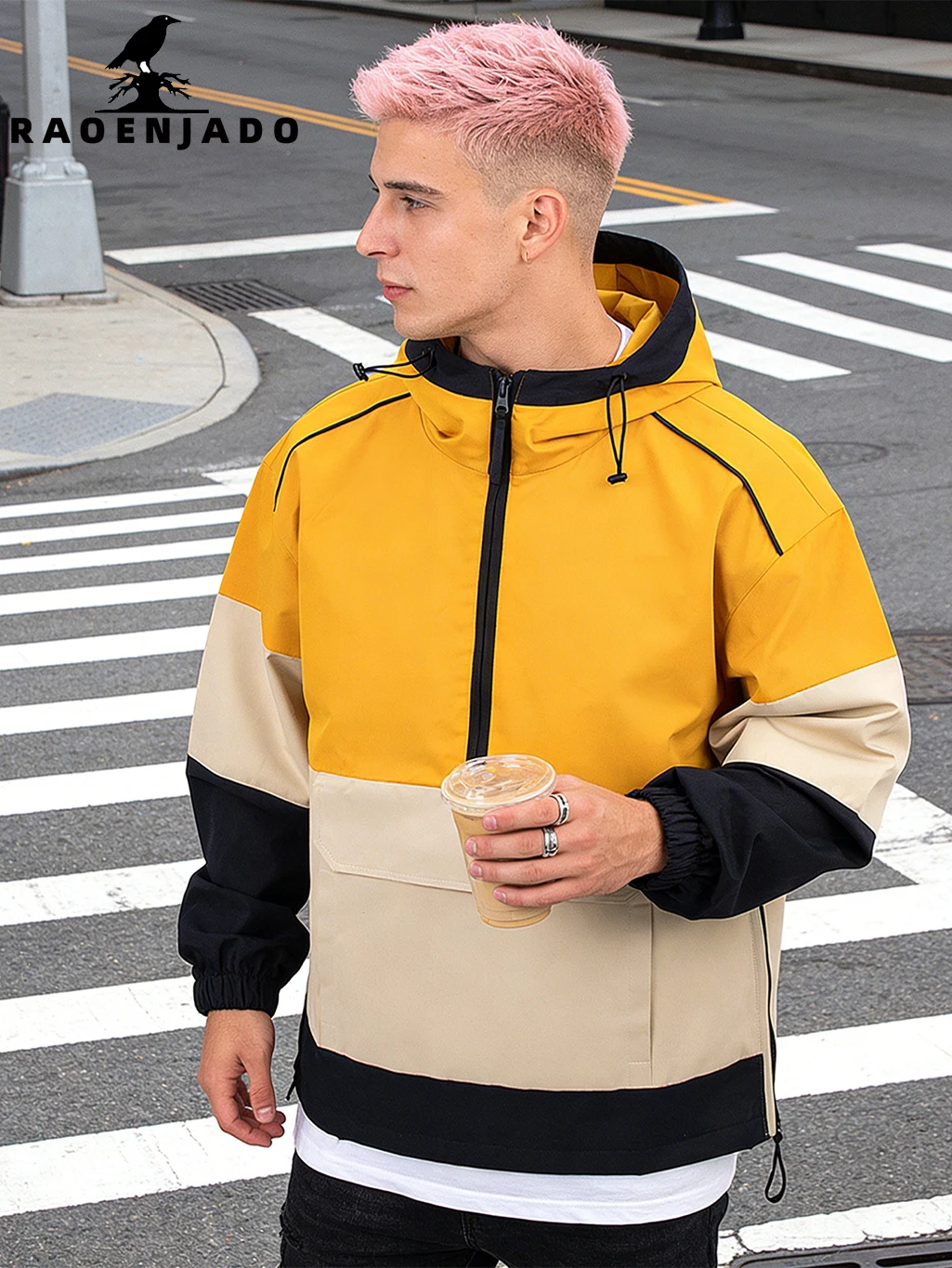 Jaqueta Masculina Colorblock com Capuz e Meio Zíper, Corta-Vento Leve para Esportes ao Ar Livre com Cordão Ajustável e Bolso Grande