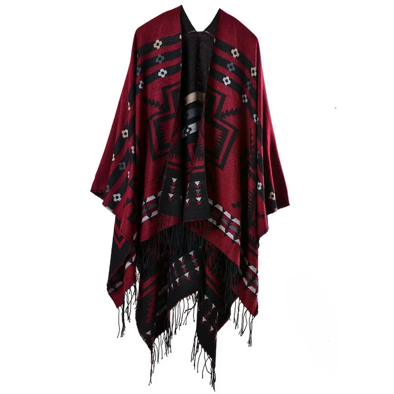 European American Popular Tassel Thickened Cashmere Like National Style Travel Fork Shawl Scarf in autumn Ponchos Capes P9