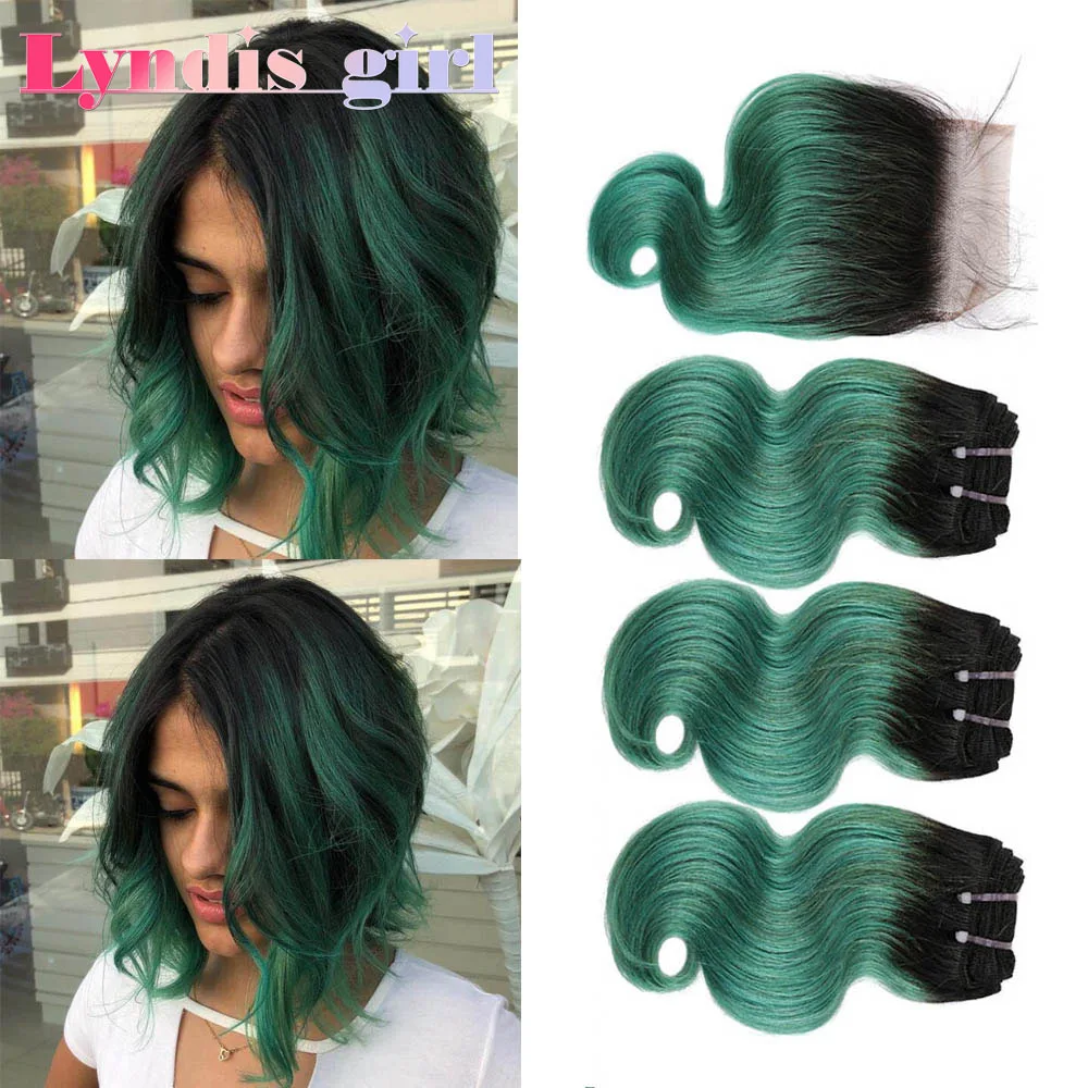 

3 Bundles Body Wave Human Hair With Closure Green Short Bob Wig Brazilian Remy Blonde Style 50g per Human Hair Bundles