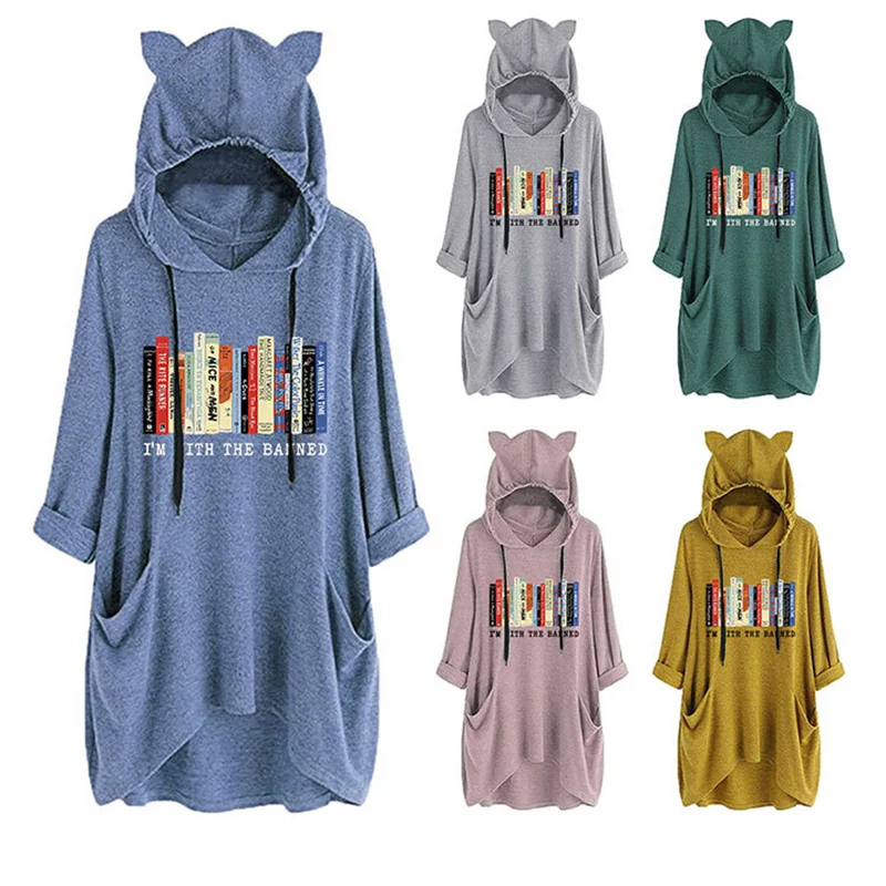 

Fashion new autumn cotton women's i'm with the banned book letter print cute cardigan casual cat ears hoodie