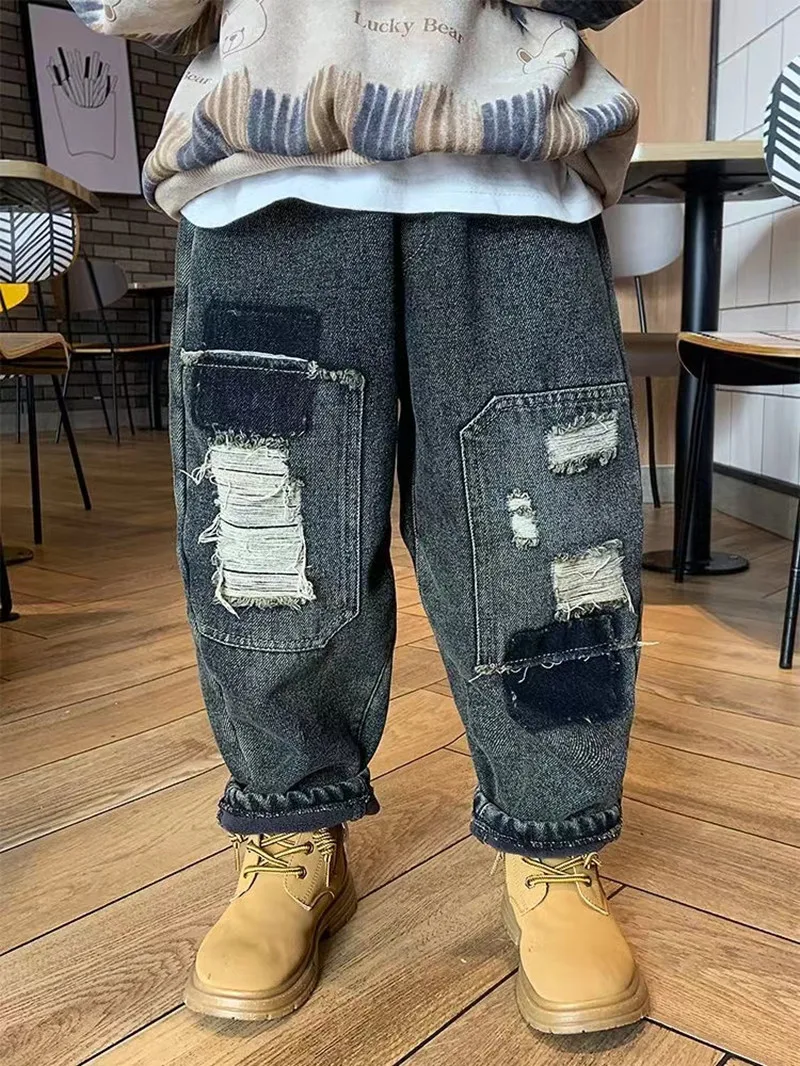 Velvet Winter Warm Pants Jeans for Girls Boys Fall Trousers Outerwear Clothes Teenagers Kids Children warm pants Boy Jeans