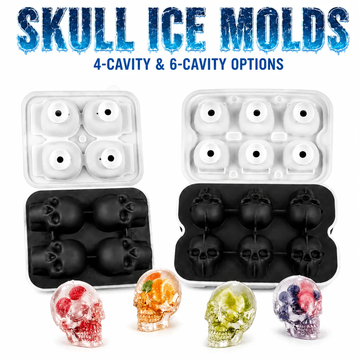 4/6 Cavity Large Skull Ice Cube Maker Silicone Whiskey Ice Tray Slow Melting Ice Cube Mold For Halloween Bar Drinks Accessories