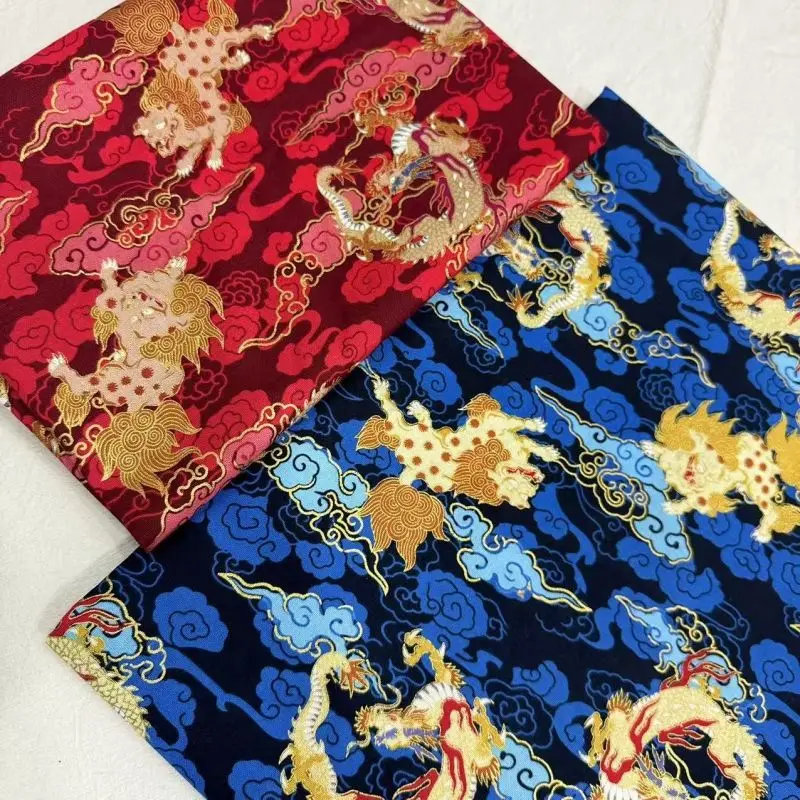 Gold Foil Printed Chinese Dragon Kirin Cotton Fabric Red Blue Quilted Coat Festival Eco Textile Craft Material