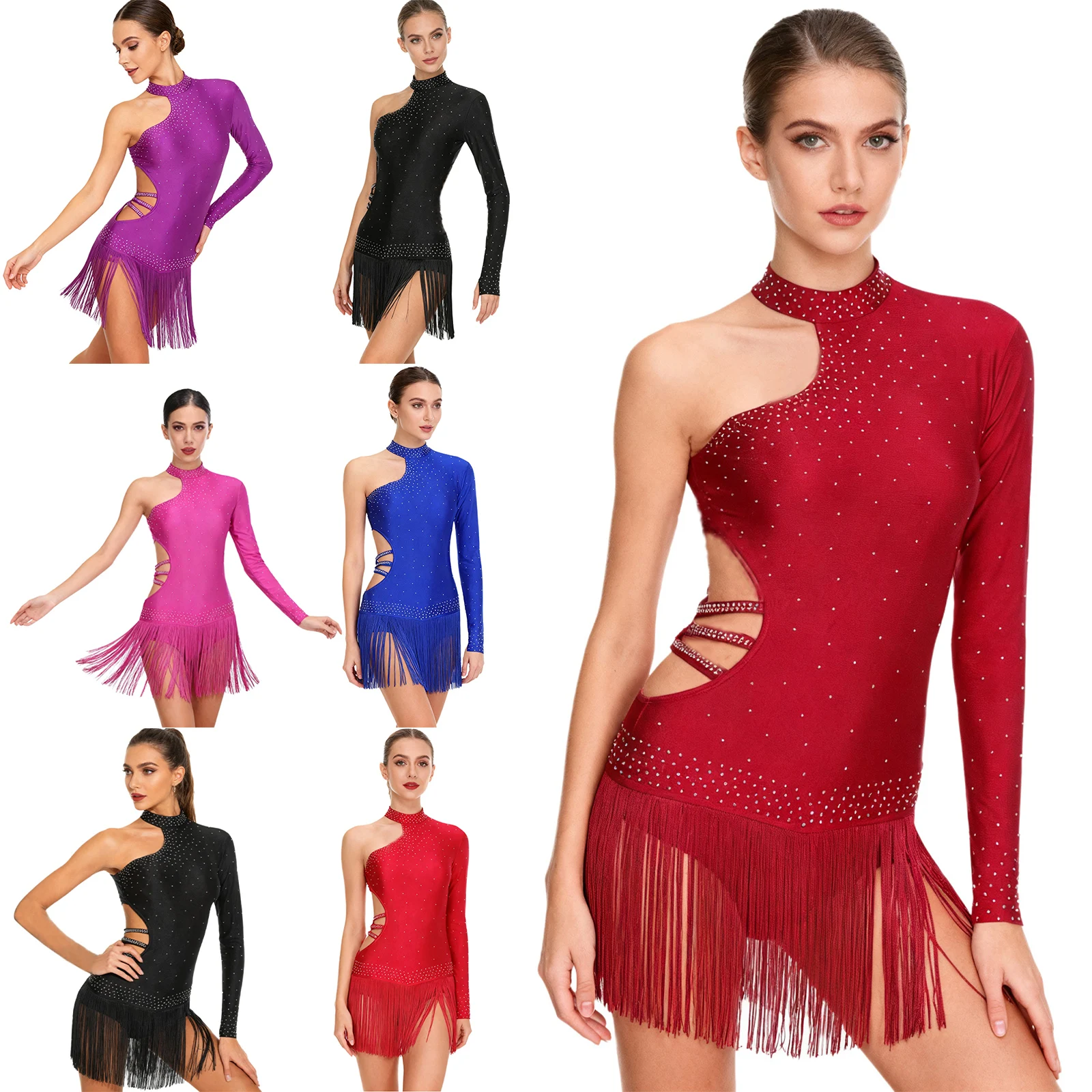 Vrouwen Latin Dance Turnpakje Een Schouder Strass Backless Kwastje Bodysuit voor Kunstschaatsen Cha-cha Tango Samba Rumba Ballroom