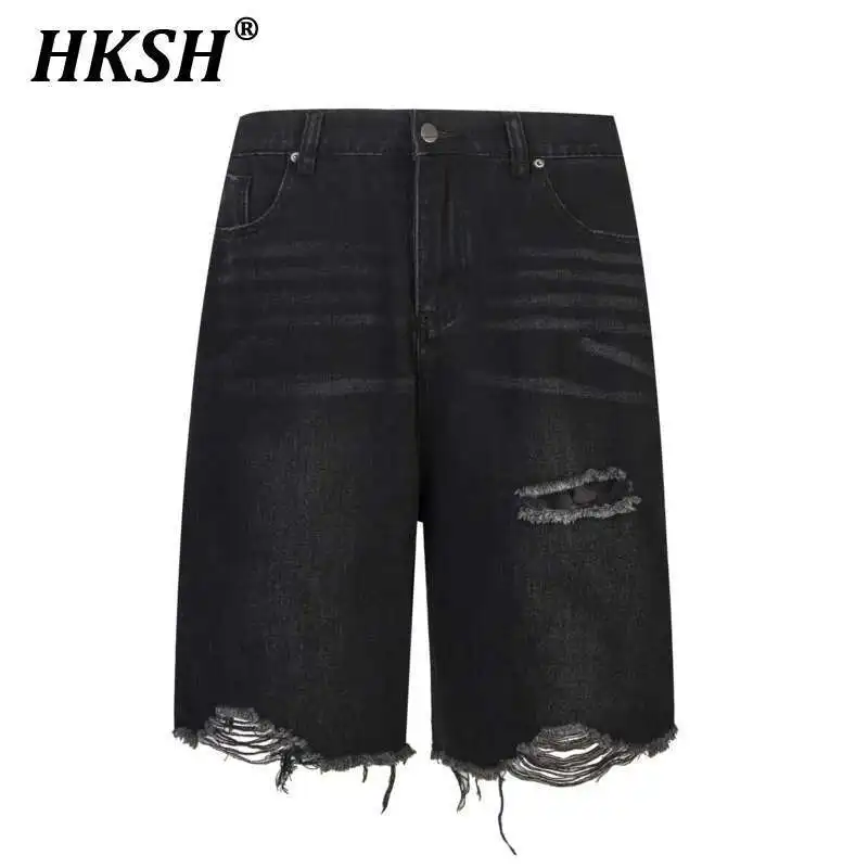 

HKSH Beggar's Torn Burr Edge Denim Shorts Men Tide Women Denim Pants Fashion Casual Straight Leg Loose Knee Length Capris HK1685