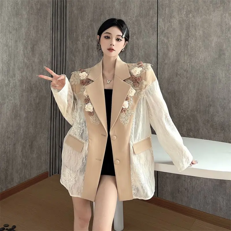 Chic Flowers Embroidered Lace Spliced Blazers Coat 3D Roses Patchwork Suit Jacket Summer Slim Sunscreen OL Cardigan Tops