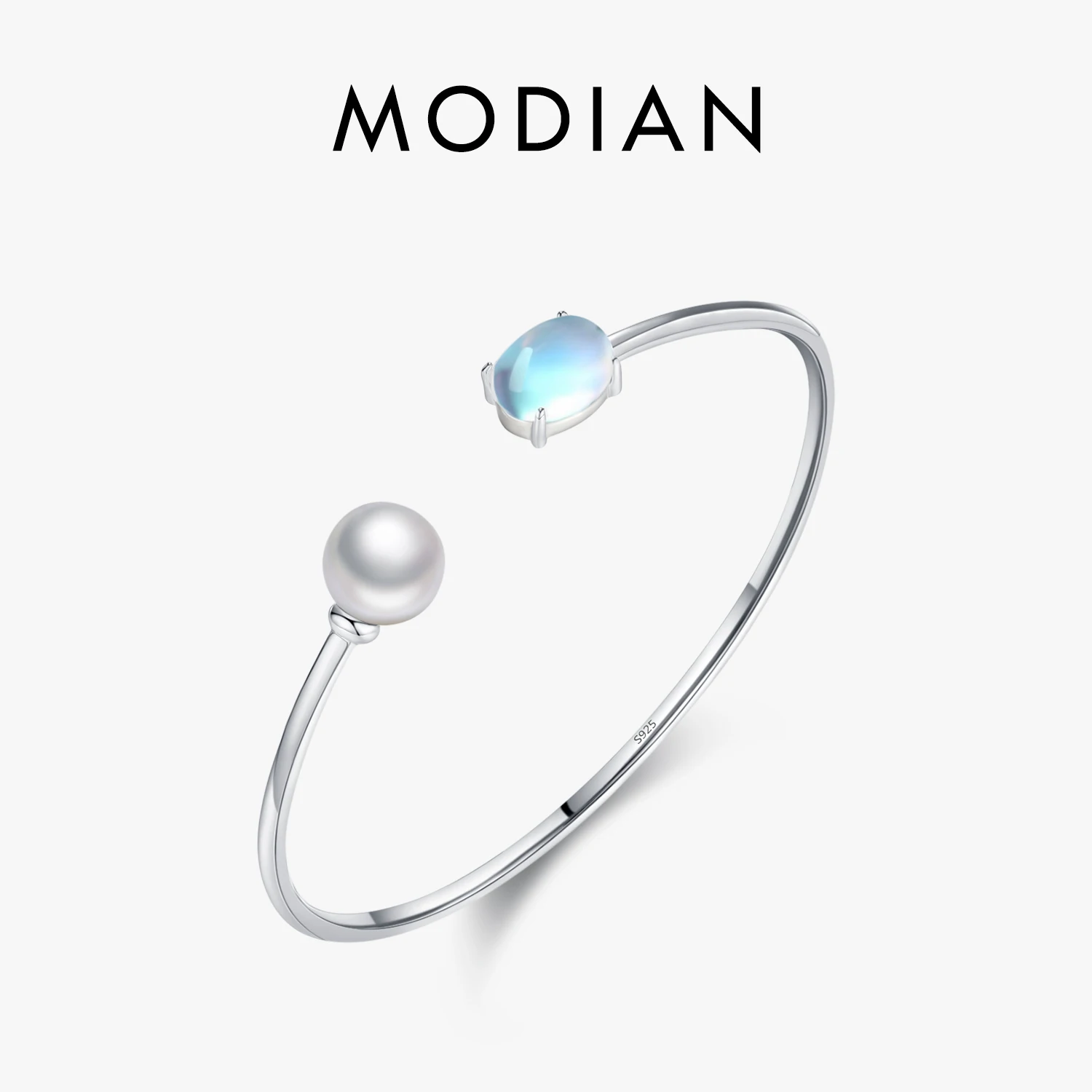 MODIAN 925 Sterling Silver Adjustable Oval Moonstone Bangle Crystal Pearl Bracelets For Women Fine Jewelry Gift