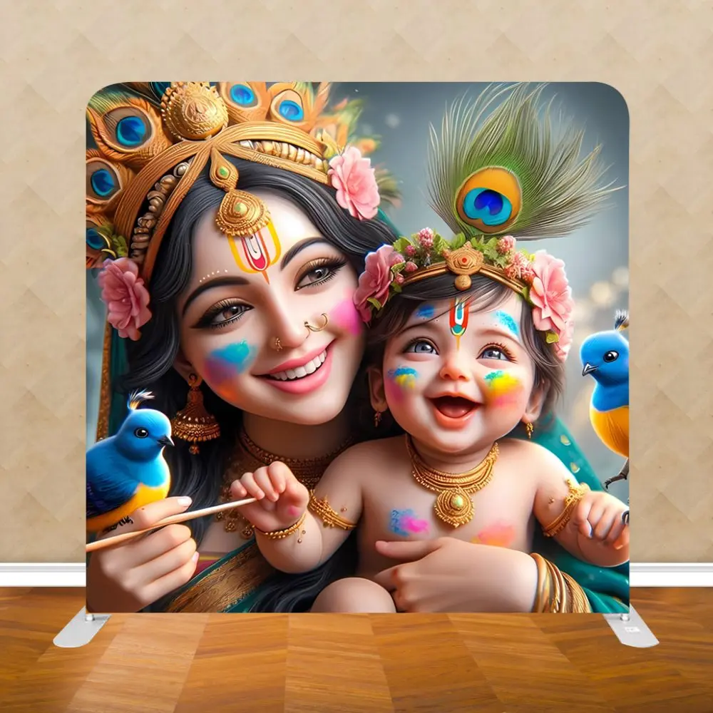 Indian Yashoda and Krishna Square Backdrop Cover Stand Birthday Baby Shower Pillowcase Background Peacock Party Decoration