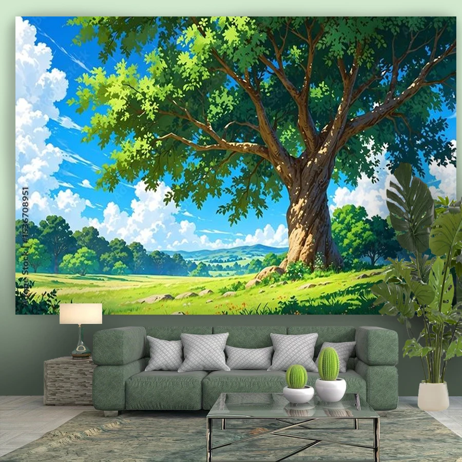 1PC Anime Tree Meadow View Print Backdrop Banner, Bedroom Living Room Photo Background, Polyester, Home Decor, Wall Art