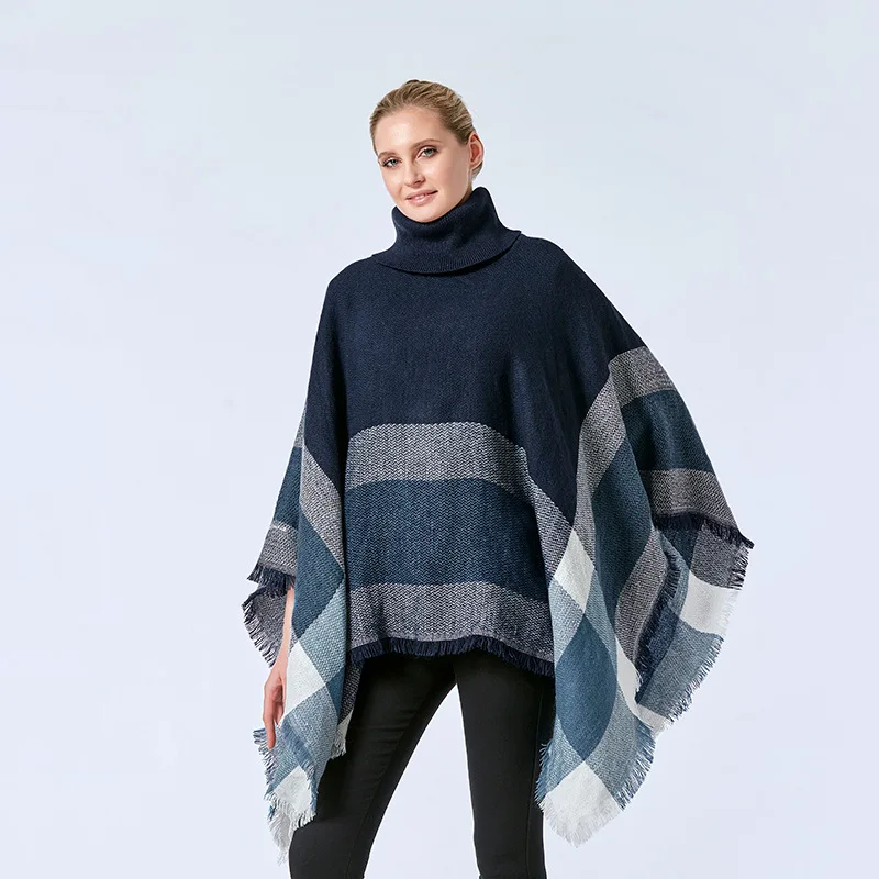 Women Spring Autumn Shawl Lady Knitted Wrap Plaid Pullover Cloak Loose Turtleneck Sweater Fall Poncho Wholesale Drop Shipping