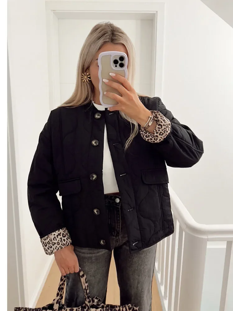 Chic Leopard Print Lining Cotton Jacket Elegant Solid Single-breasted O-neck Pocket Coat 2024 Lady Autumn Winter Quilted Outwear