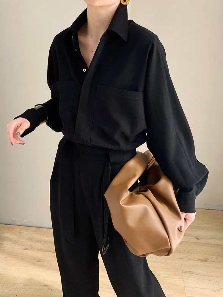 [EWQ] Elegant Temperament With Bandage Jumpsuits Long Sleeve Big Pocket Fashion Office Lady Jumpsuit 2024 Autumn Winter 16U4460