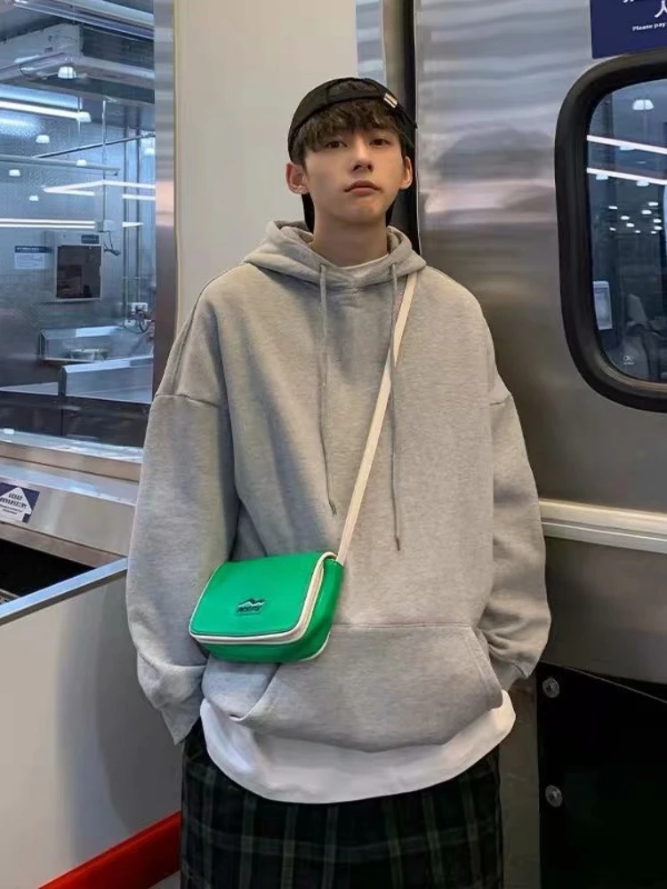 

Осень-зима, новая флисовая толстовка с капюшоном, мужской пуловер, толстая теплая однотонная повседневная модная свободная посадка с большим карманом, уличная теплая верхняя одежда