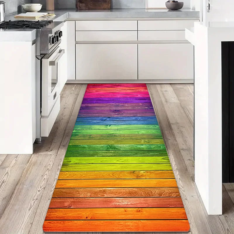 Vibrant Rainbow Wood Grain Kitchen Rug Non-Slip Washable Diatom Mud Floor Mat for Kitchen Hallway Living Room Home Decor