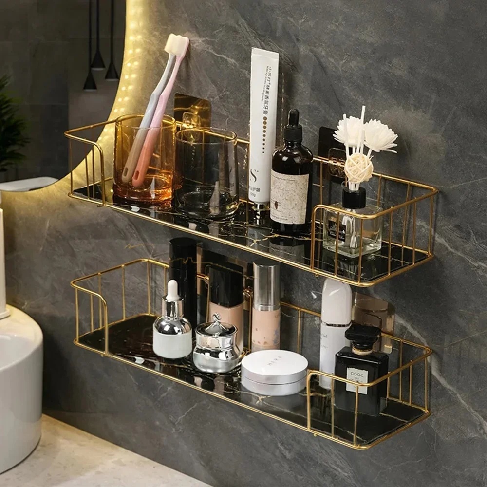 

Iron Wall Shelf with Marble Style, Glass Plate, Makeup Storage Rack, Luxury Bathroom Accessories, without Drilling