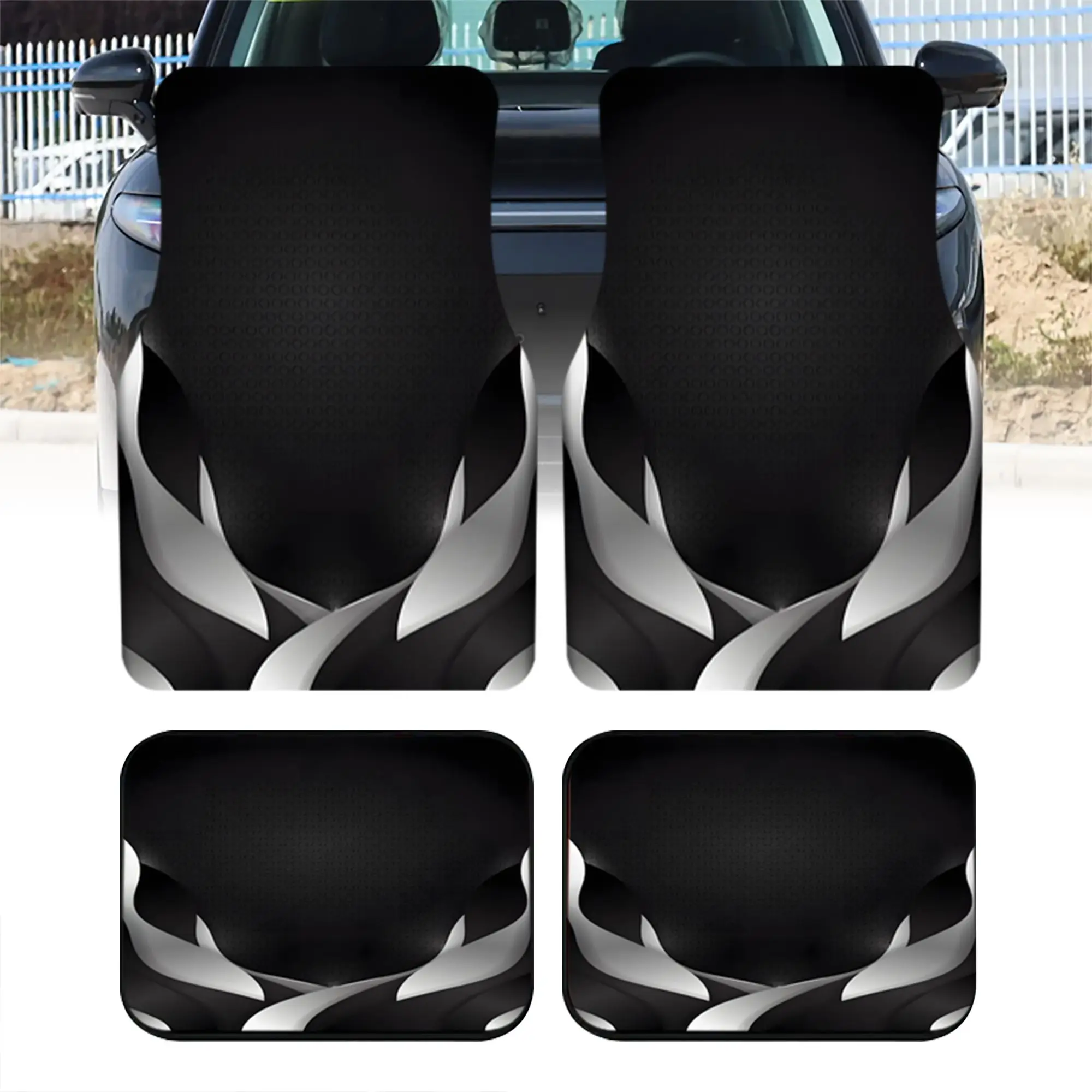 2pcs/4pcs Polyester Car Floor Mats With Dynamic Flame Print, Stylish Black And Silvery Design, Universal Fit For Most Vehicles