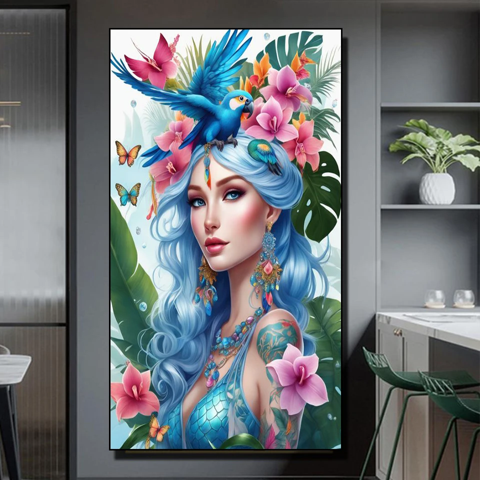 Full Diamond Mosaic Flowers With Parrots Woman 5d Diamond Painting New 2024 Rhinestone of Picture Cross Stitch Halloween Gift