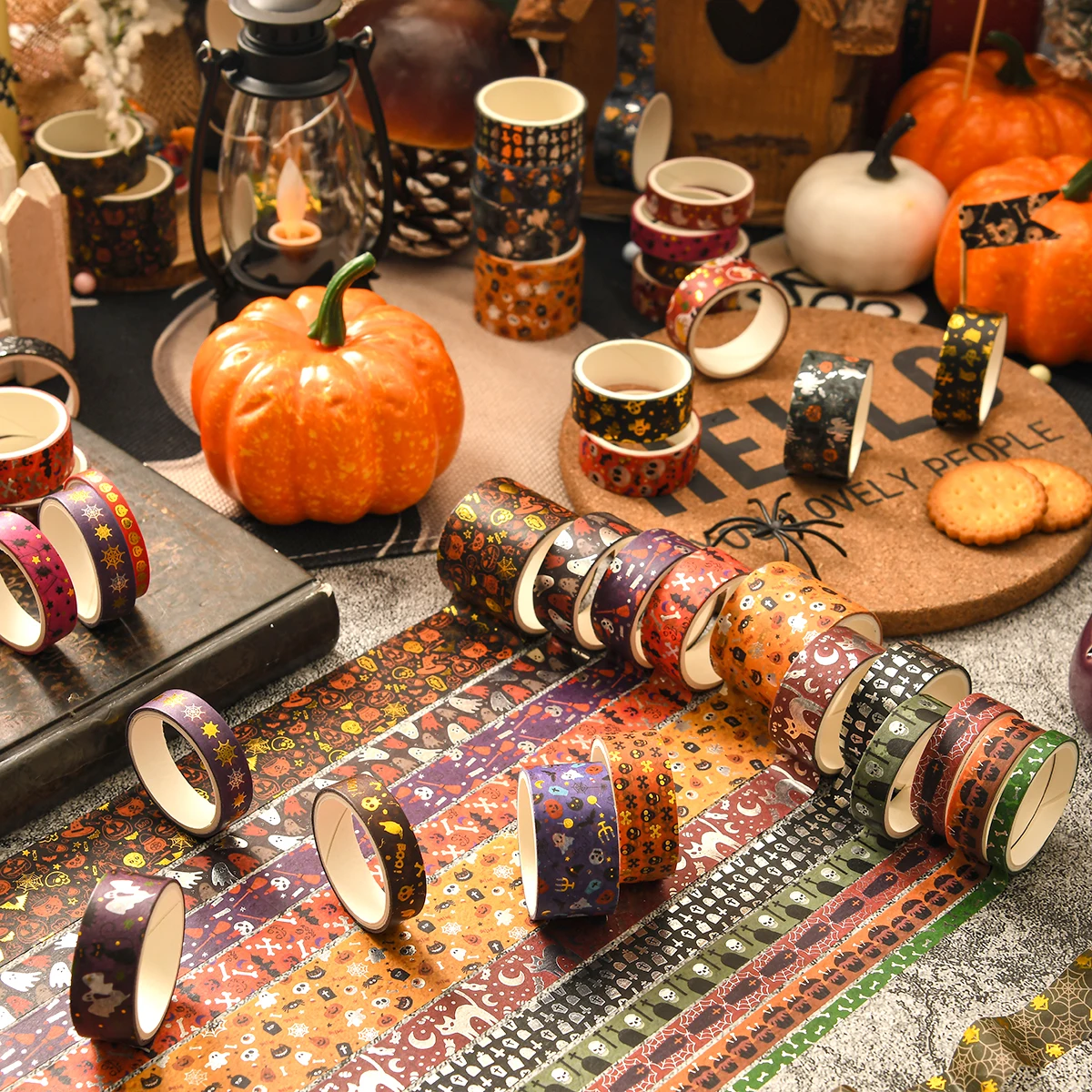 14ロール/箱、絶妙なハロウィーン柄の和紙テープ、独創的なブロンズ加工デザイン、ハロウィーンパーティーDIYデコレーション用