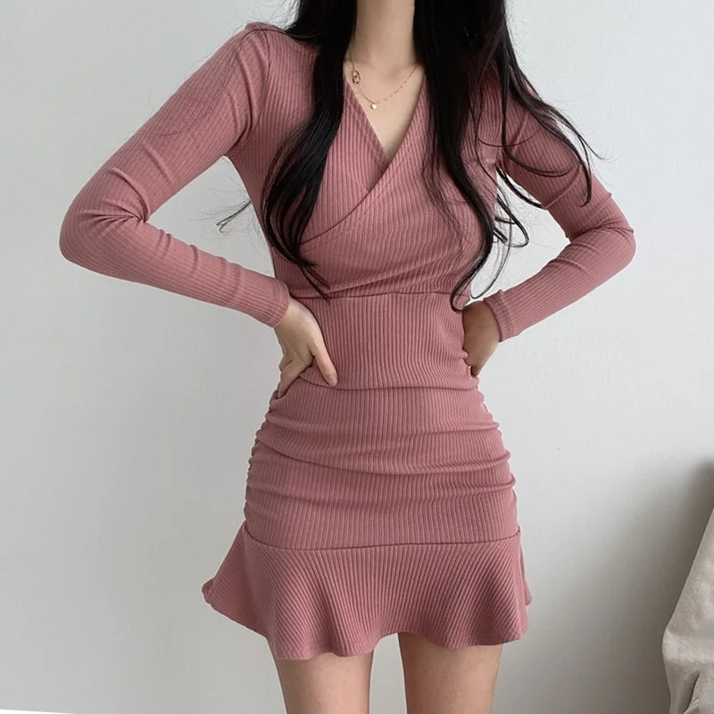 

Solid Pink 2022 Spring Long Sleeve Party Knitted High Waist A-Line Elegant Sweater Dress for Women Woman Dresses Mini Vestido