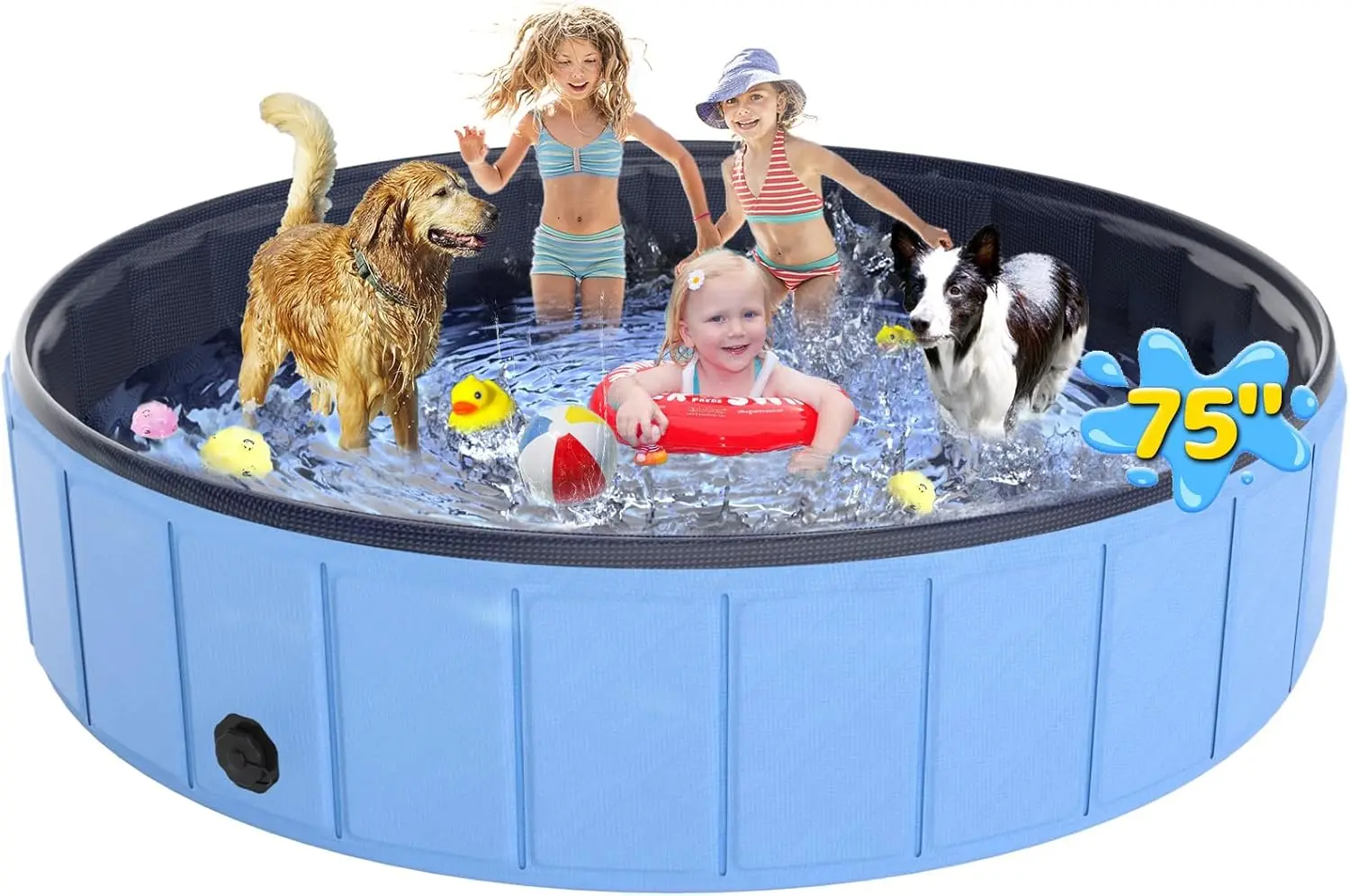 

75"x16" Heavy Duty Foldable Dog Pool, Hard PVC Collapsible Pet Wading Tub with Drain, Leakproof & Non-Slip for Large Dogs