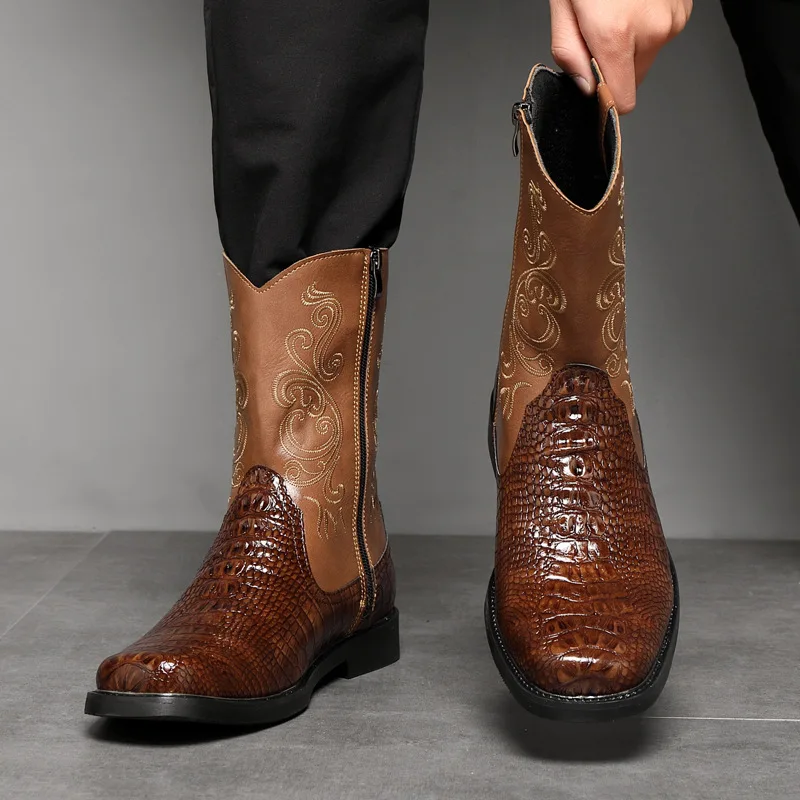 Men's Wide Width Tall Cowboy Boots Fall 2025 PU Leather High Shaft Western Embroidered Workwear Vintage Riding Boots for Outdoor view 2