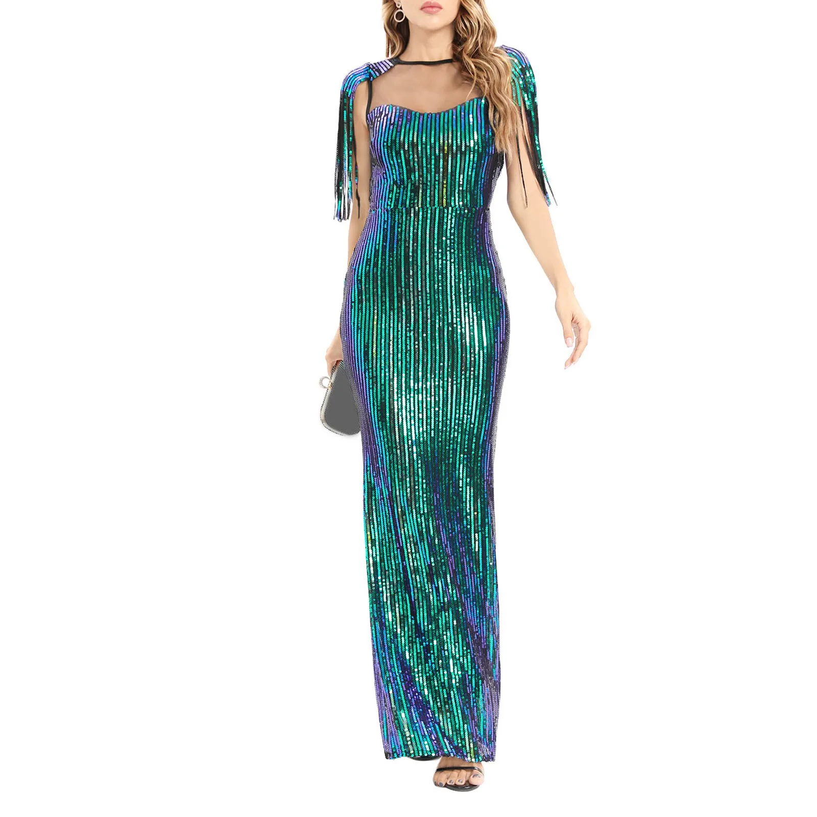 Women Fall Dress Solid Color Mesh Glitter Sparkly Sequins Mermaid Floor Length Cocktail Dress Evening Party Dress платья женское