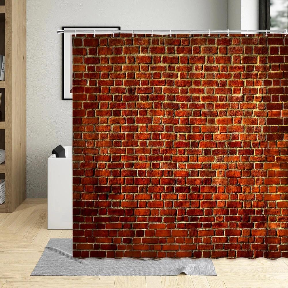 Stone Brick Wall Bathroom Shower Curtain Fabric Waterproof Garden Background Screens Decor Scree with 12 Hooks Bath Curtains