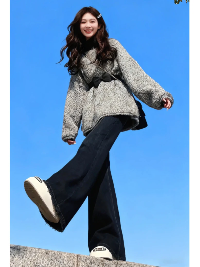 

Autumn Winter Knitted Sweater Women's Faion Casual Sle Comfortable Fit round Ne Waist Cinched Long Sve Thermal Top