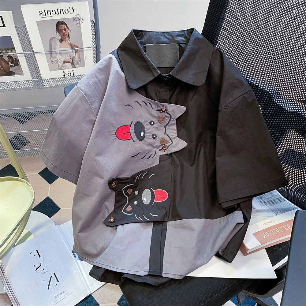 

Extra Large 300 Pounds American Retro Color Block Dog Short Sleeve Shirt Summer College Style Loose Top Trendy Button up Kore...