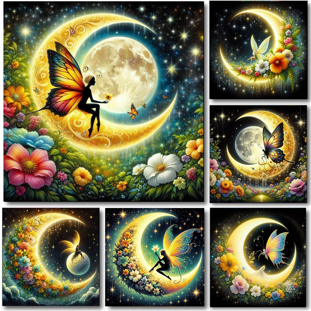 Glowing Moon With Butterfly And Flower Diamond Painting Fantasy Starry Sky 5D DIY Full Drills Embroidery Cross Stitch Decor Gift