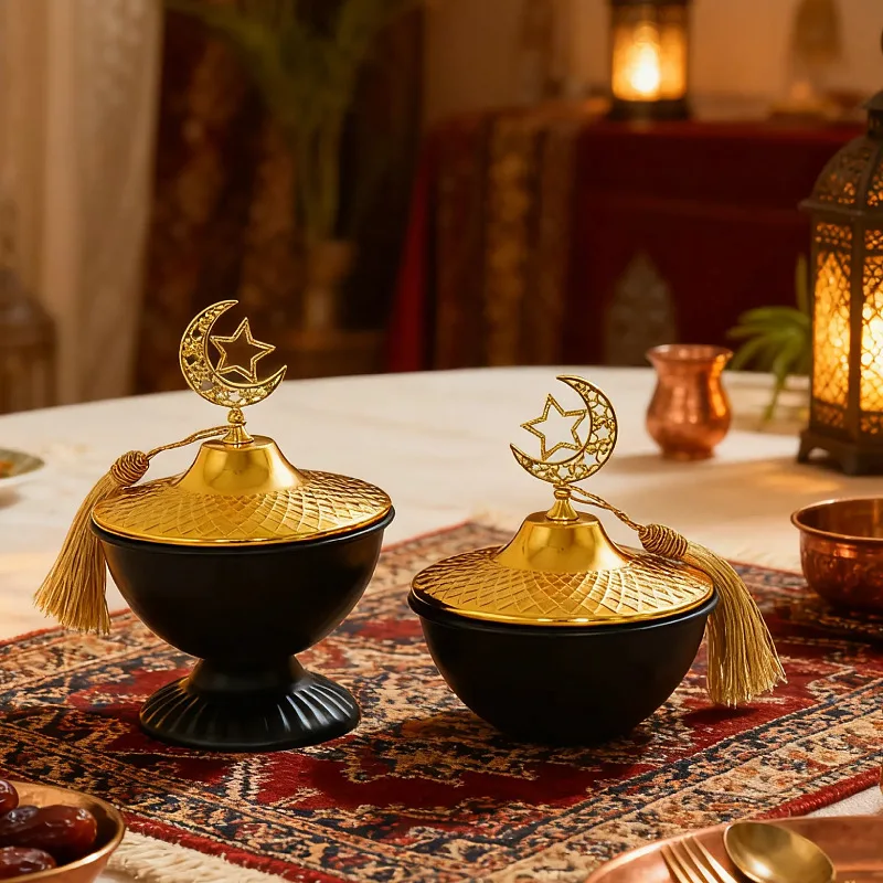 Luxury Festive Dustproof Candy Snack Tray Ramadan Star Moon Tray Treat Ramadan Tableware Decorations