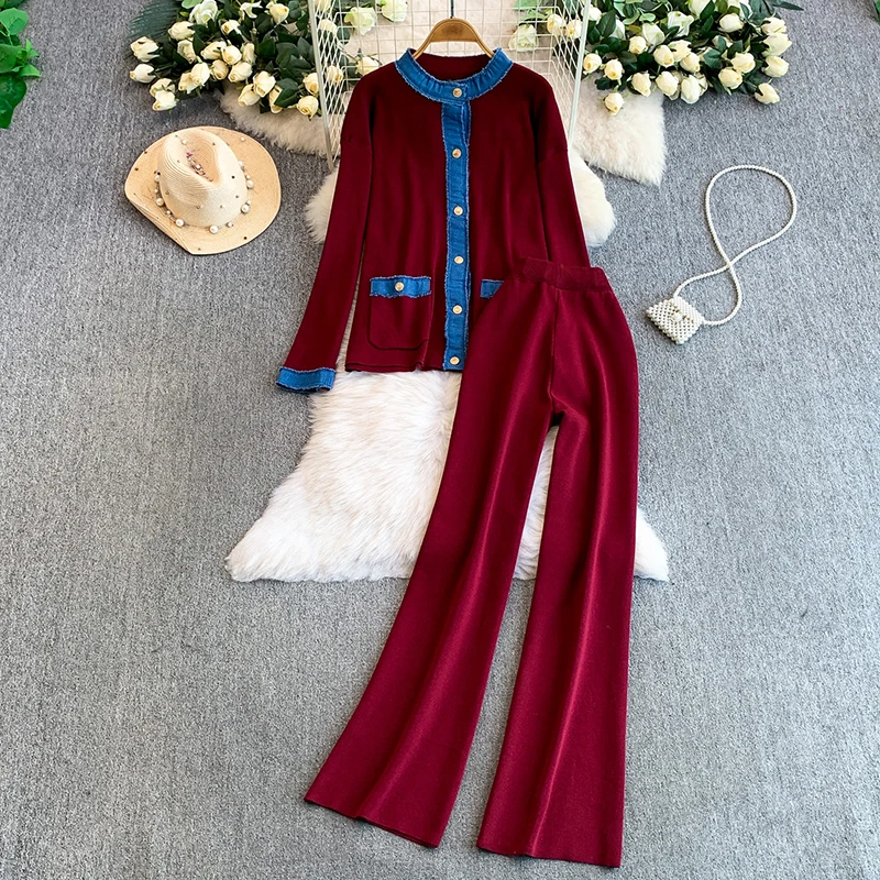 French style fashion design sense denim patchwork knit round neck jacket+high waist wide leg pants women two-piece set