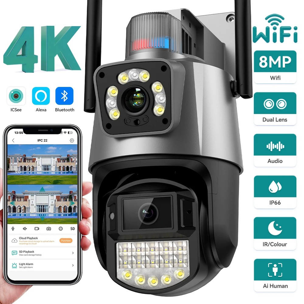 4K 8MP WiFi Camera Dual lens Dual Screen PTZ IP Camera Outdoor Waterproof Home Security Video Surveillance ICSEE Light Alarm