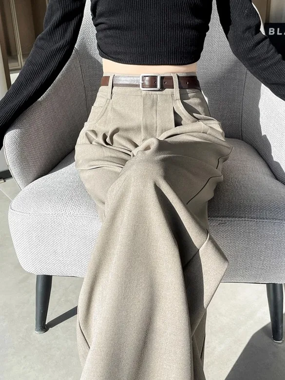 

Женские брюки-костюмные цвета хаки с высокой талией, весна-осень 2026, новые, драпированные, премиум-класса, стройнящие, удлиненные, узкие прямые, широкие штанины