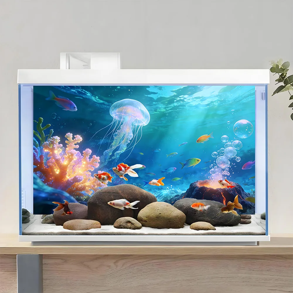 Aquarium Background Sticker, Jellyfish Coral , Self-Adhesive Flat Sticker for Fish Tank & Reptile Terrarium