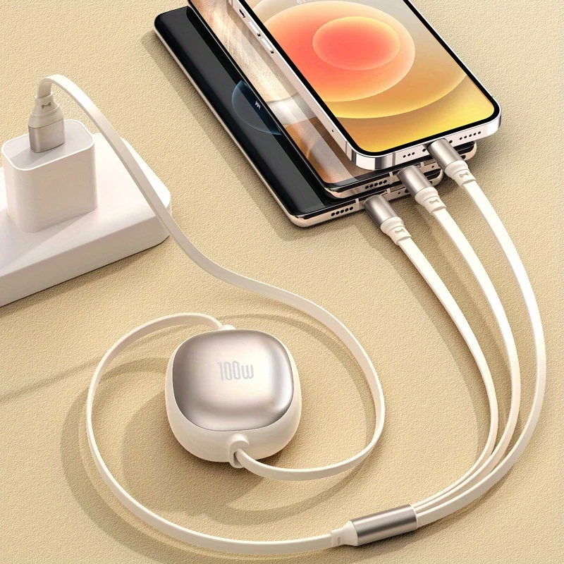 

3 in 1 100W USB To Type-C Android Iphone Creative Micro Retractable Fast Charging Cable for IPhone Samsung Xiaomi Portable Cable
