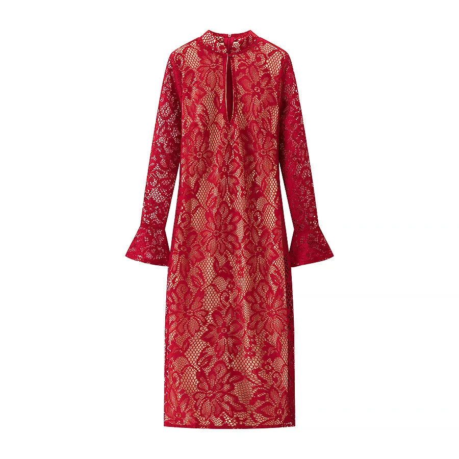 JNLEAOG レディース レース ホローアウト ローカット ベルスリーブ ボディコン ドレス 秋の新作 ファッションデザイン ヨーロッパ風